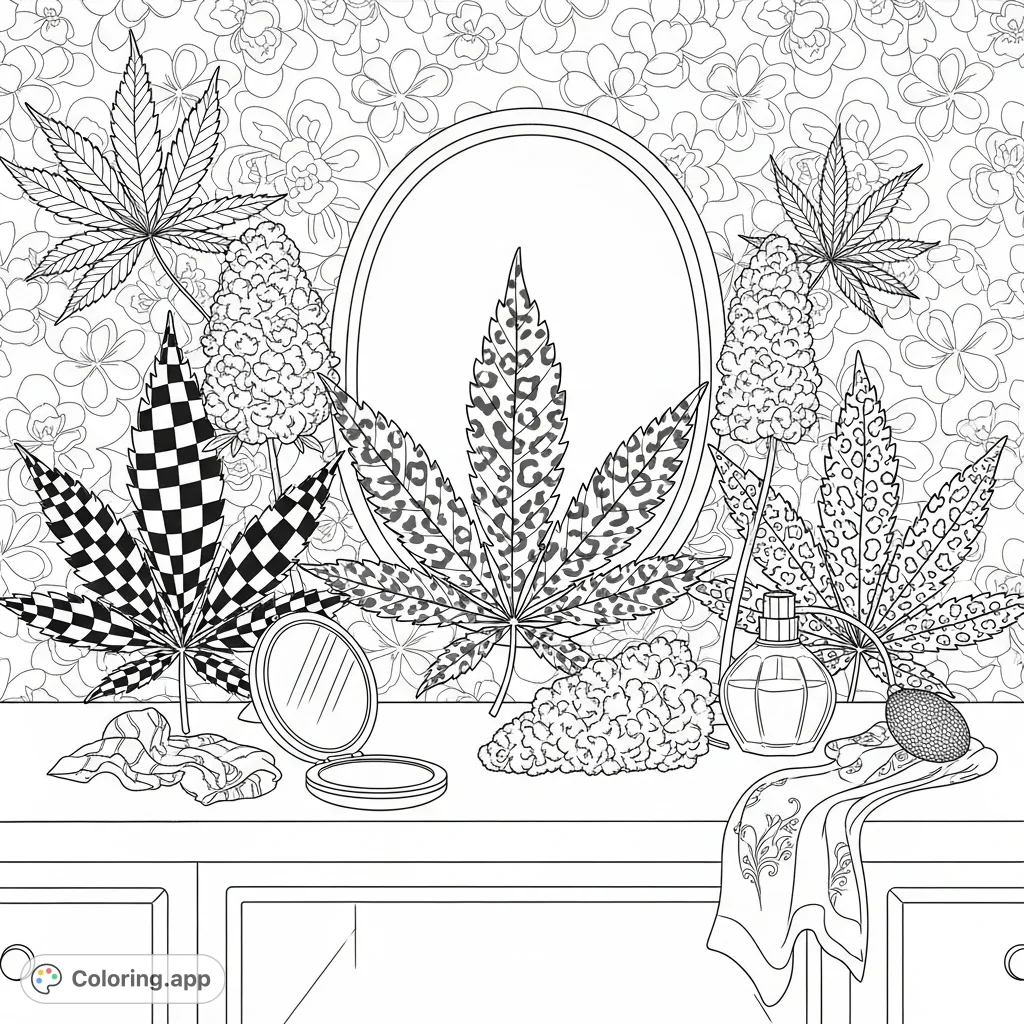Discover a unique cannabis leaves coloring page featuring intricate checkerboard, leopard, and swirl patterns on oversized leaves, arranged on a vintage vanity.