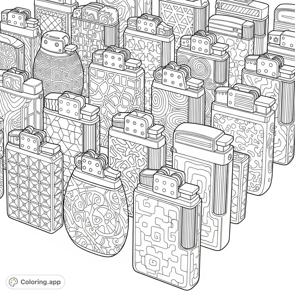 Explore a detailed collection of lighters, each adorned with unique, intricate patterns. This free printable lighters coloring page is a sophisticated adult coloring challenge for focused creativity.