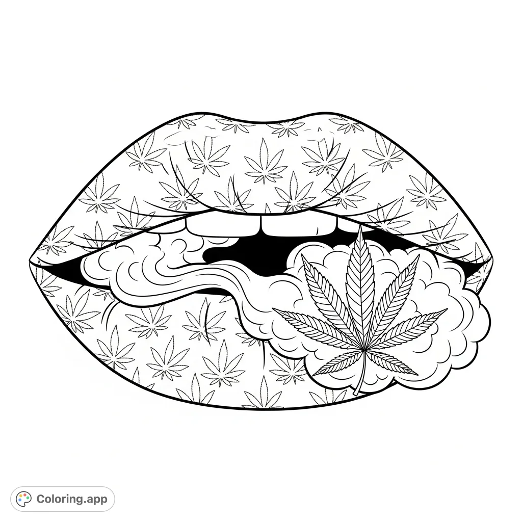 Bold lips featuring intricate cannabis leaf patterns, exhaling a distinctive marijuana leaf-shaped smoke ring. A unique adult coloring page.