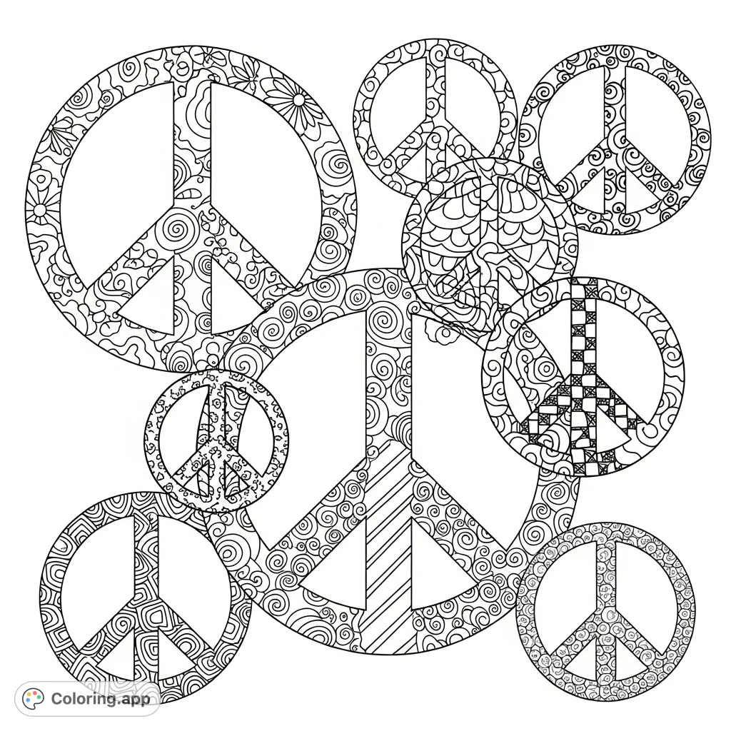 Explore harmony with this peace signs coloring page! Features multiple peace symbols filled with intricate floral, geometric, and swirling patterns.