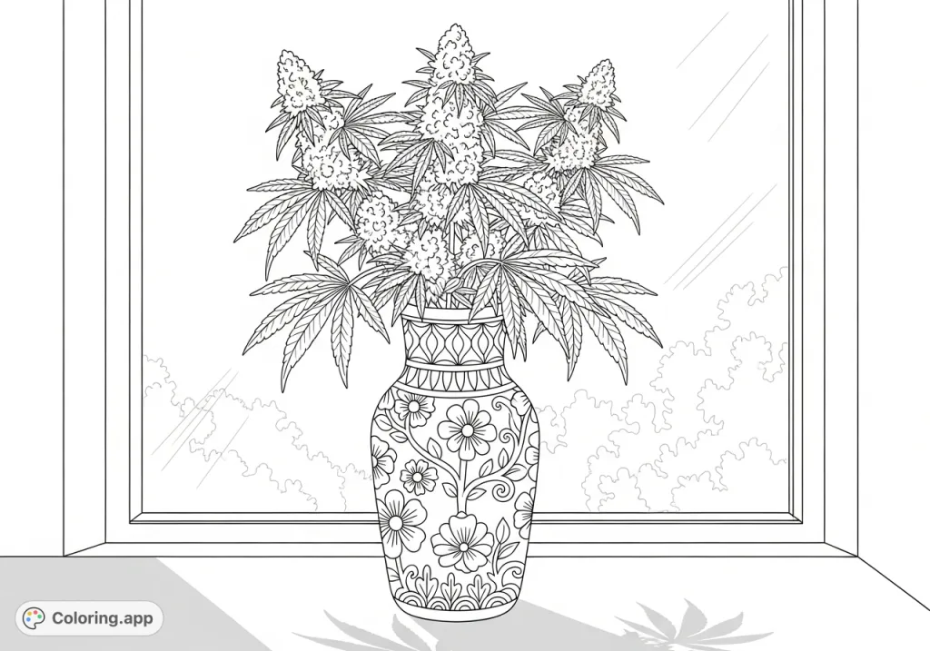 A detailed marijuana leaves coloring page featuring a decorative vase with intricate patterns, holding abundant cannabis buds and fan leaves on a sunlit sill with hazy garden views.