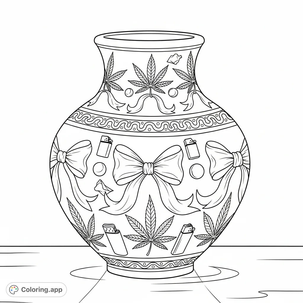 A finely crafted ceramic vase featuring an intricate pattern of stylized bows, detailed marijuana leaves, and subtle lighters and rolling papers. A unique design.