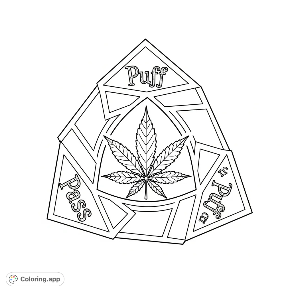 Color a unique cannabis leaf nestled within a cyclical geometric symbol featuring "Puff Pass Puff" text. Intricate design for mindful adult coloring.