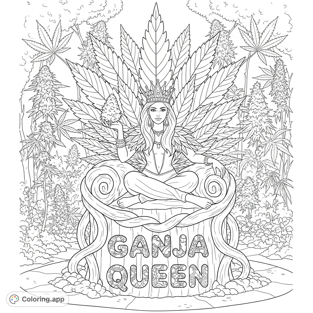 Discover the powerful Cannabis queen seated on a grand throne crafted from cannabis stalks and leaves, set within a lush botanical garden. An intricate adult coloring page.