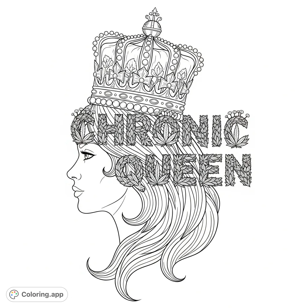 An empowering emblem featuring a queen with a complex crown, her flowing hair, and the words "CHRONIC QUEEN" formed by intricate cannabis leaves and plant details.