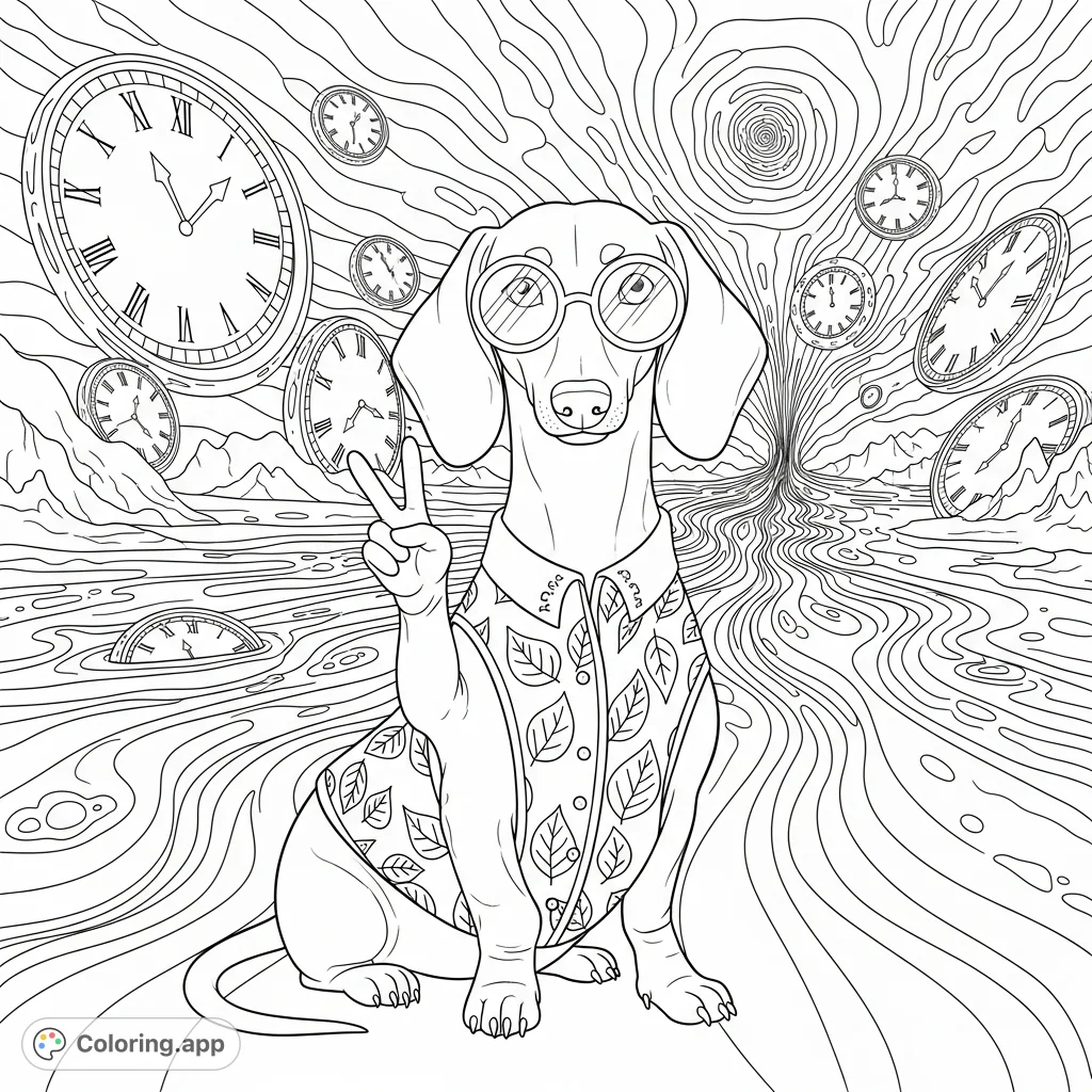 A regal weiner dog flashes a peace sign, adorned in a leaf-patterned vest and spectacles, set against a surreal backdrop of melting clocks and cosmic rivers.