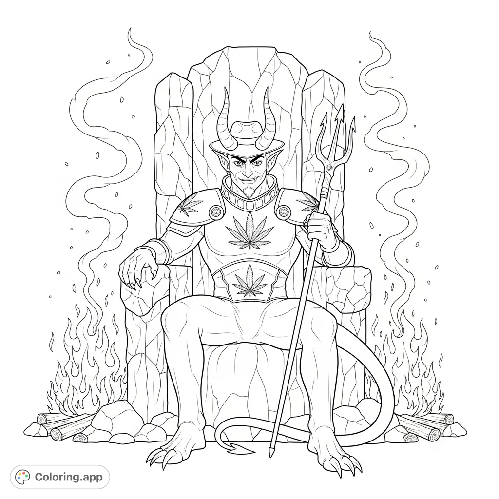 An imposing devil figure sits on a gnarled rock throne, adorned with cannabis leaf patterns and flanked by smoldering fires. A captivating, intricate scene.