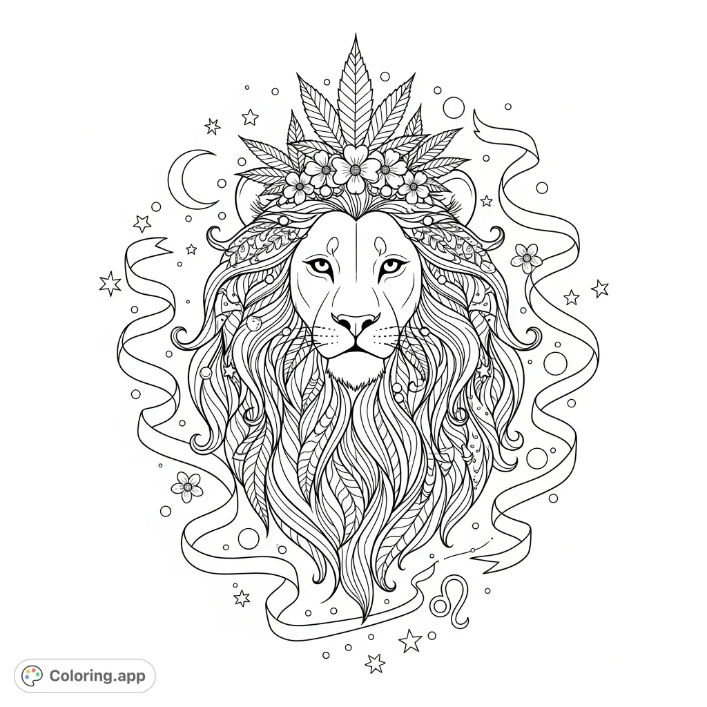 A majestic Leo lioness coloring page featuring a crown of cannabis leaves, delicate flowers, and celestial accents. Perfect for adults seeking relaxation.