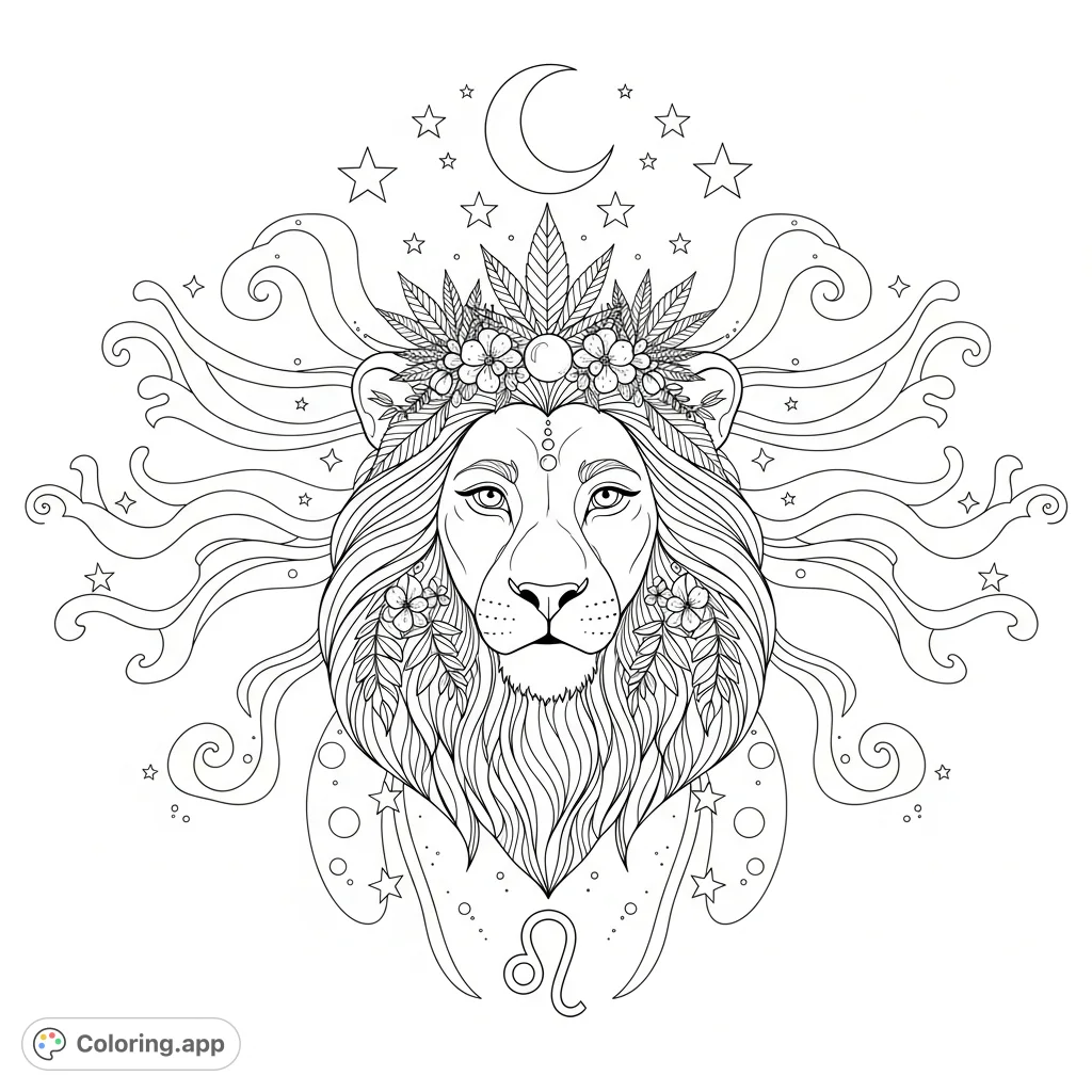 A majestic lioness with a botanical mane and cannabis leaf tiara, surrounded by celestial elements and the Leo glyph, inviting detailed coloring.