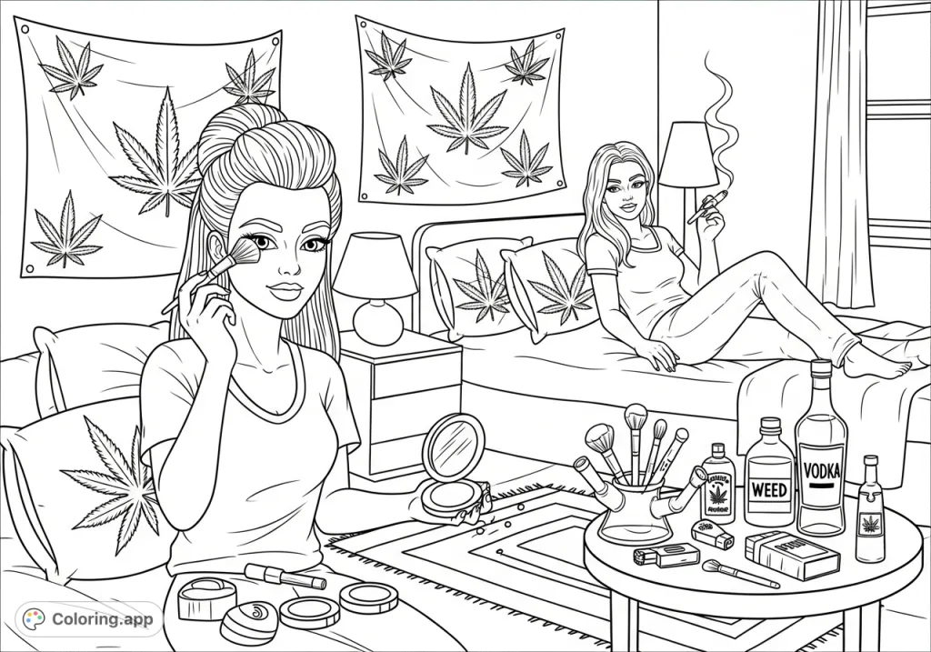 A detailed coloring page featuring two women relaxing in a bedroom with cannabis leaf patterns, makeup, and a smoking device. Perfect for adult coloring.