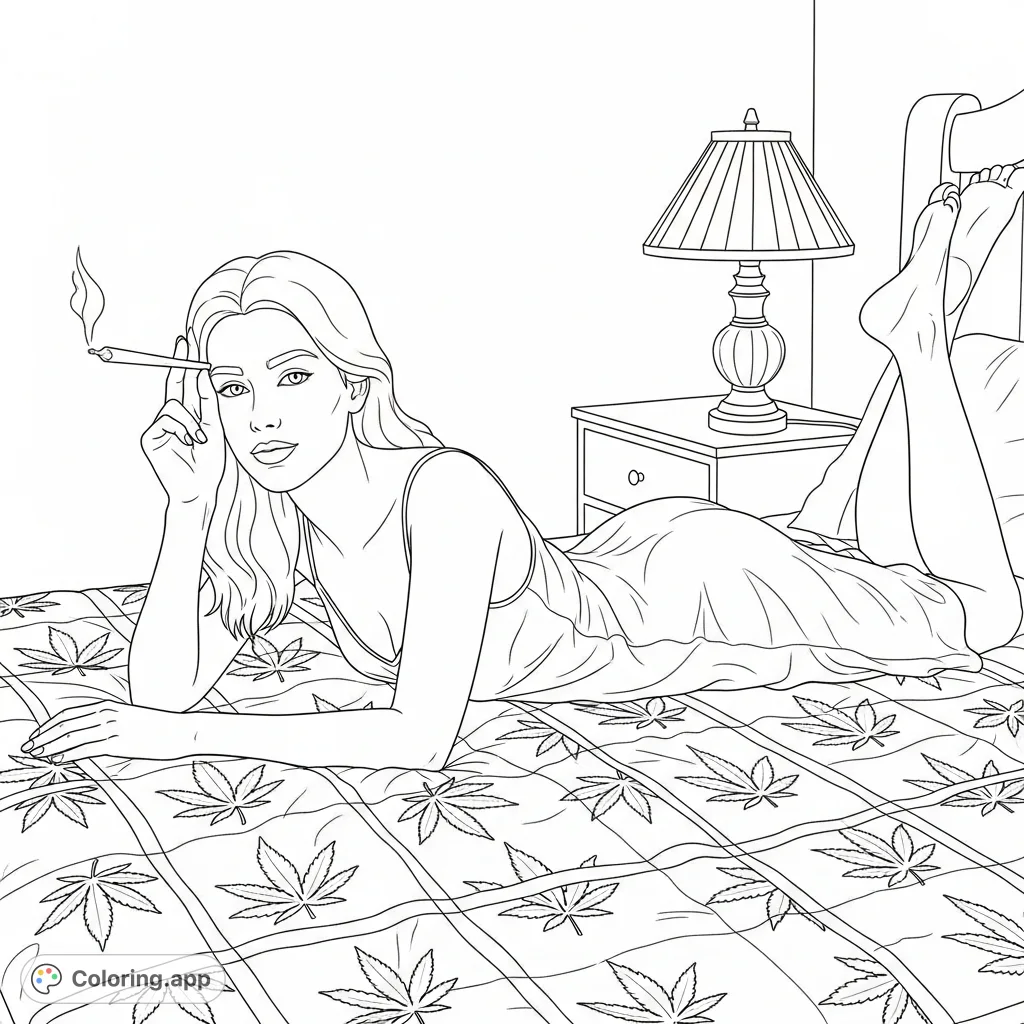A woman in a satin slip dress relaxes on a bed with a cannabis leaf quilt, holding a pre-roll. A vintage lamp adds to the intimate setting.