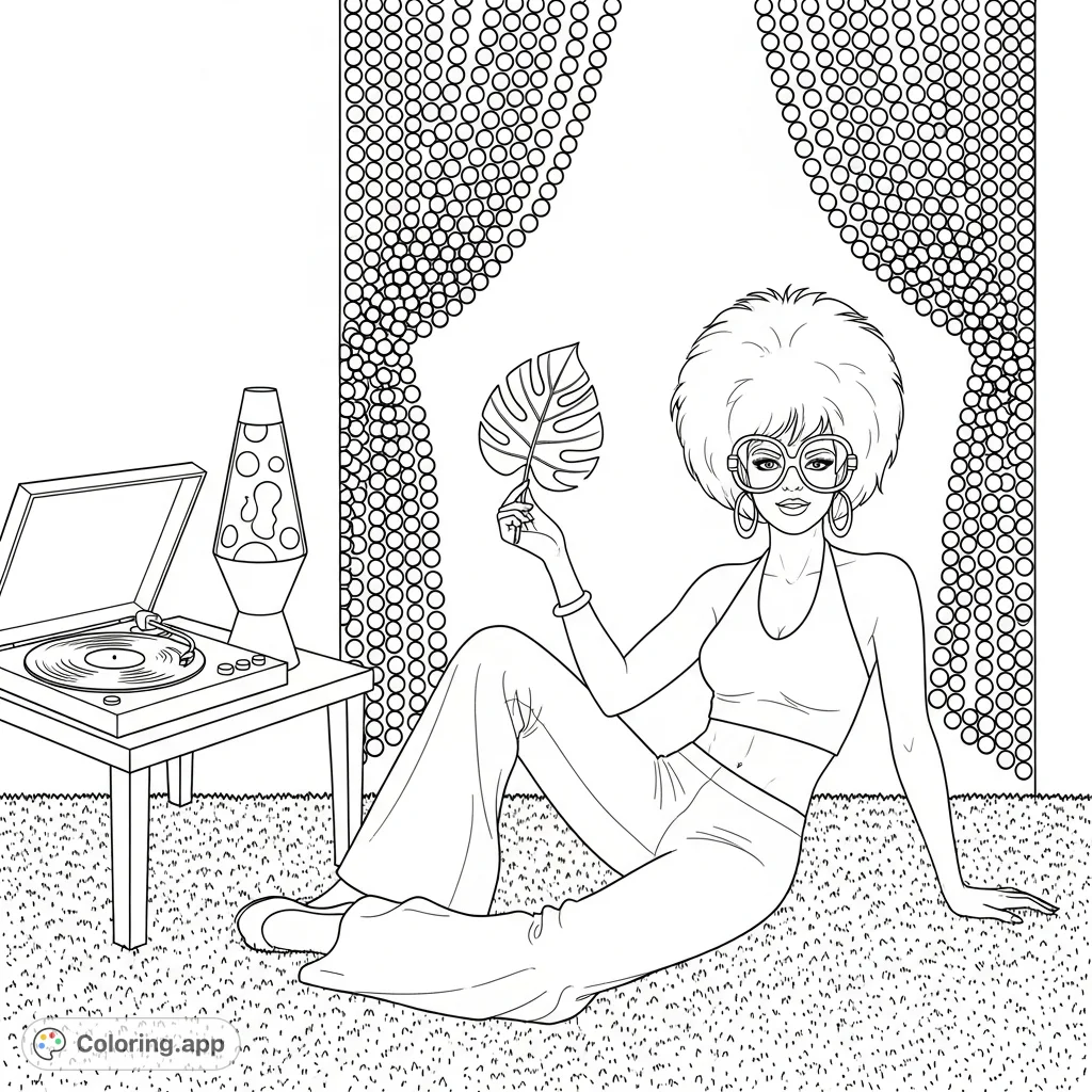 Indulge in a 70s-inspired coloring page featuring a stylish woman, vintage decor, and iconic retro elements like a lava lamp and shag carpet. Perfect for adults!