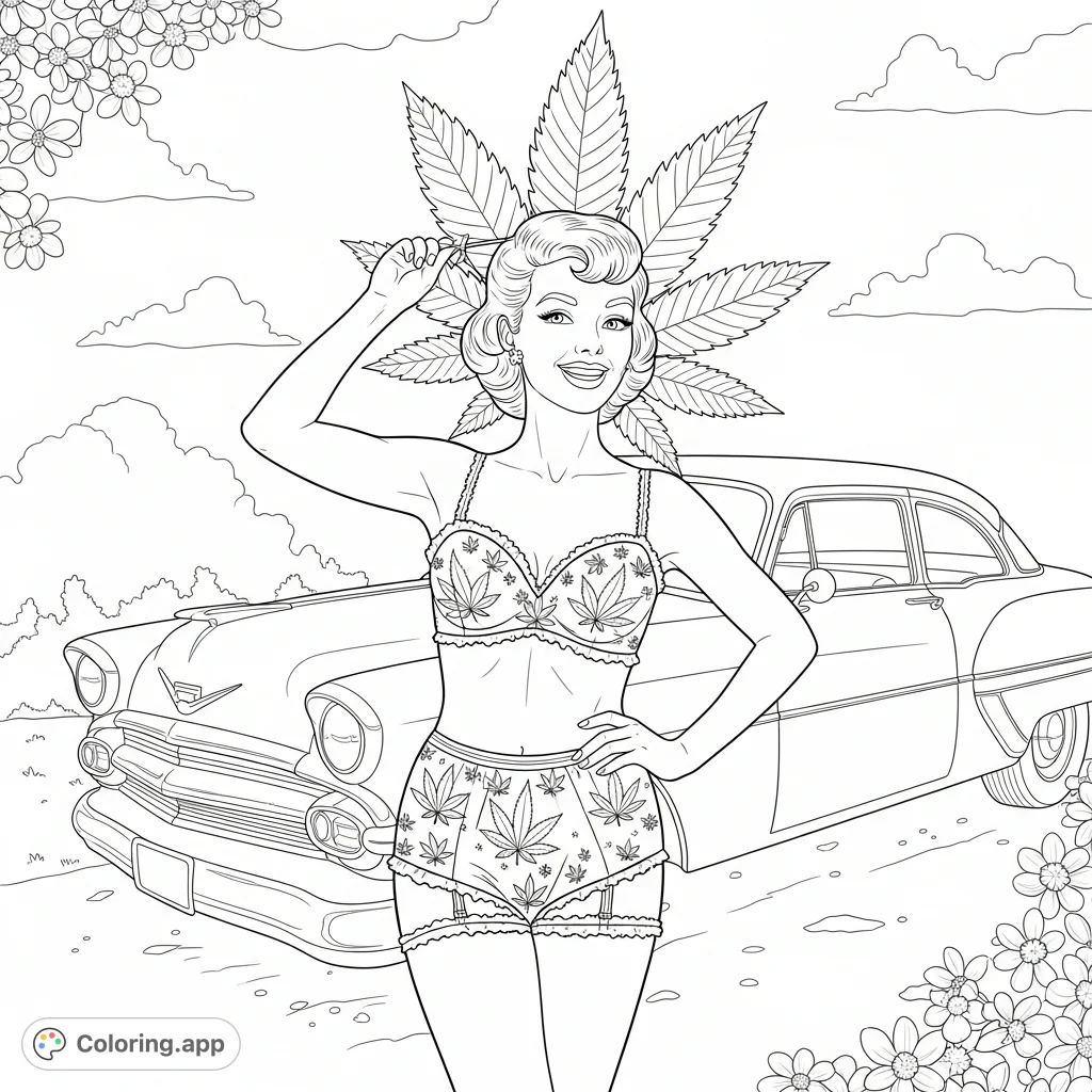 A striking 1950s-inspired woman in frilly lingerie with cannabis leaf prints poses dynamically next to a gleaming vintage car. A unique adult coloring page.