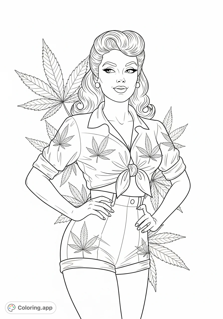 Dive into the retro charm of a 50s pinup girl, adorned with stylized cannabis leaves. A unique blend of vintage glamour and botanical artistry awaits.