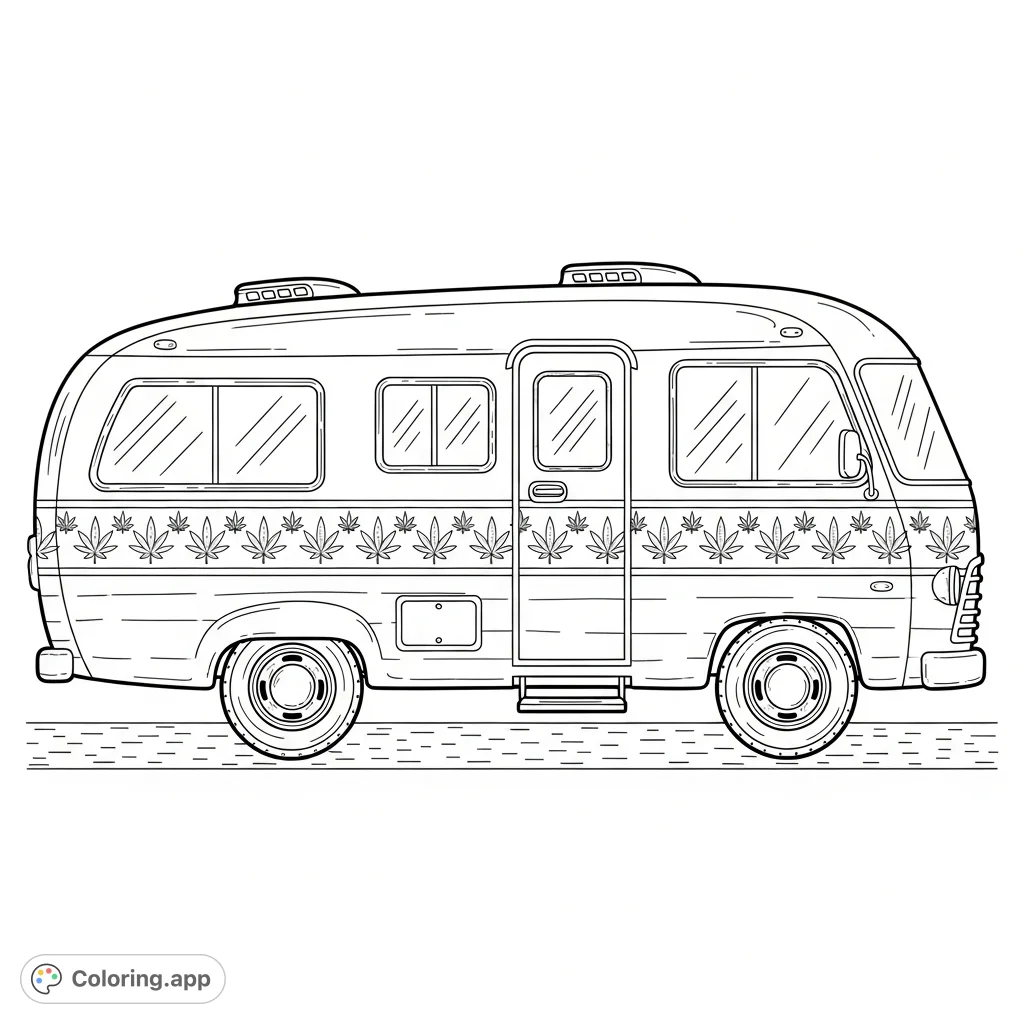 Color a groovy vintage RV adorned with stylish leaf patterns. This unique design blends classic travel charm with a distinctive herbal theme.