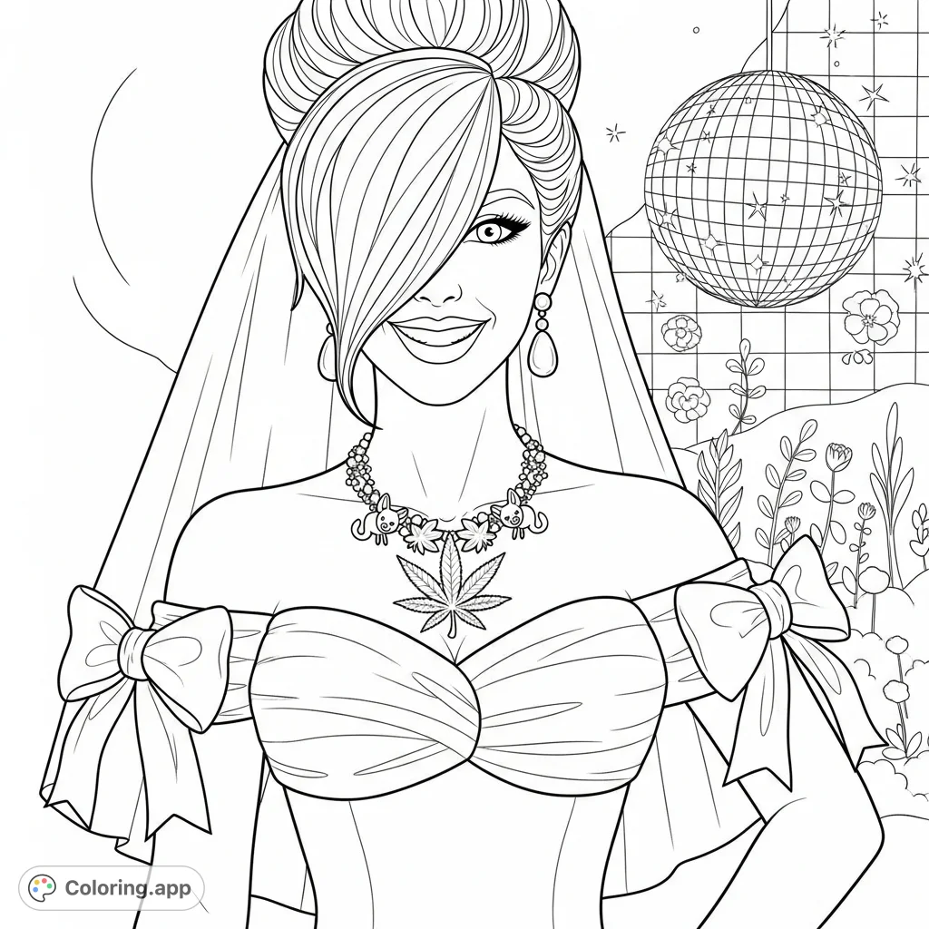 Capture the ultimate 80s vibe with this unique bride featuring voluminous hair, a ruched dress, and a distinctive cannabis leaf pendant. A fun, retro coloring page.