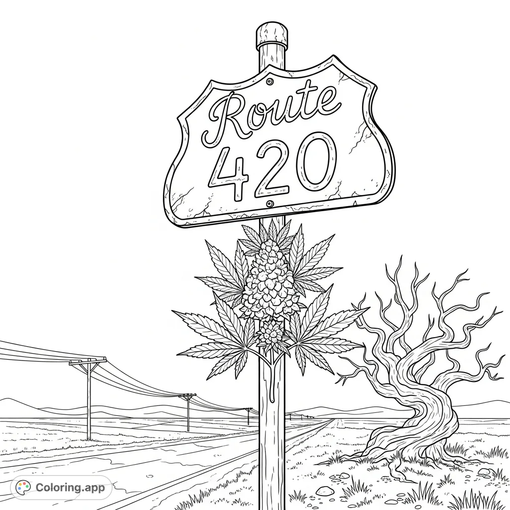 Color a detailed Route 420 sign at a dusty rural crossroads, featuring cannabis leaves, a gnarled tree, and power lines against the horizon. Perfect for adults.