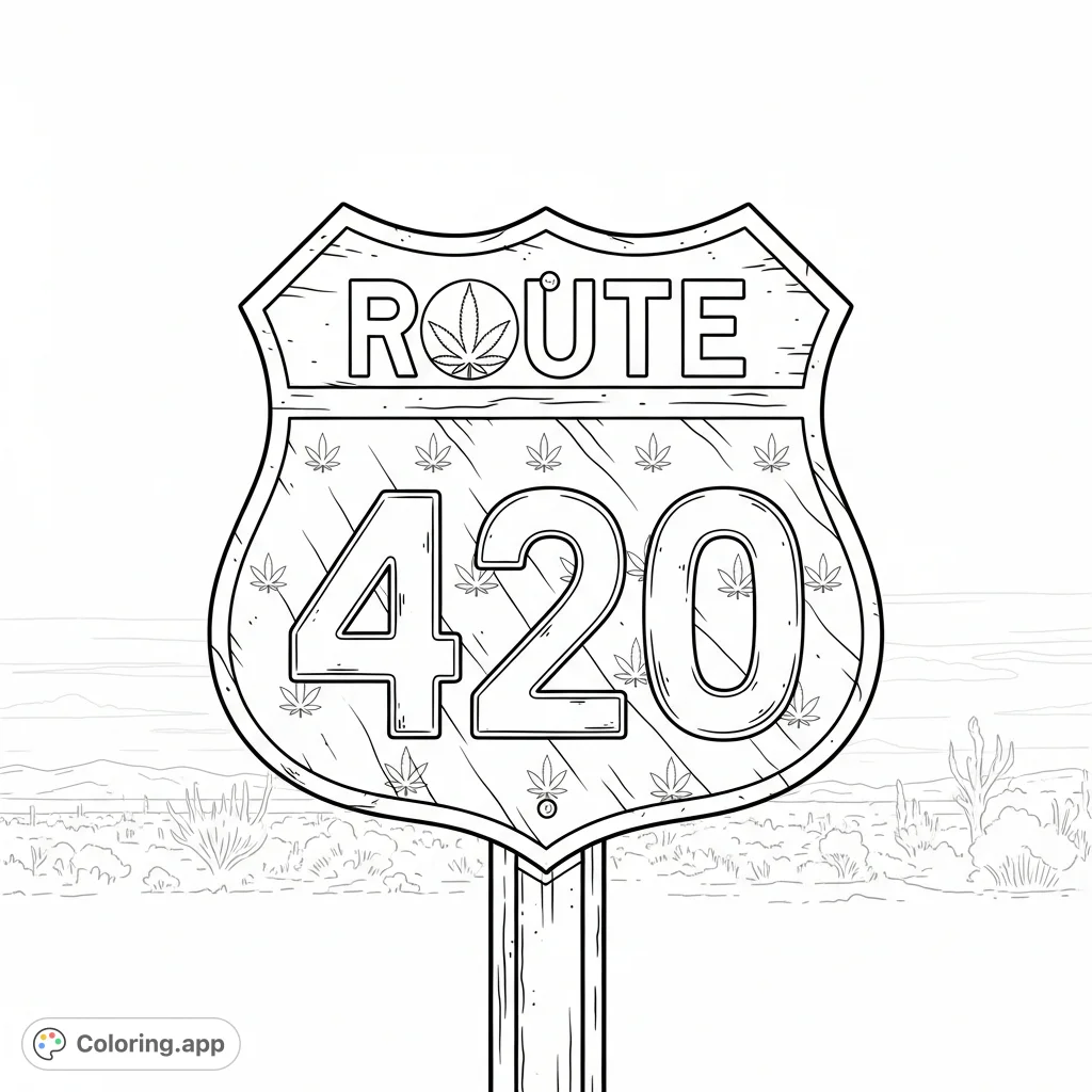 A unique Route 420 Interstate shield coloring page featuring a subtle cannabis leaf and weathered details against a desert backdrop. Perfect for adult colorists.