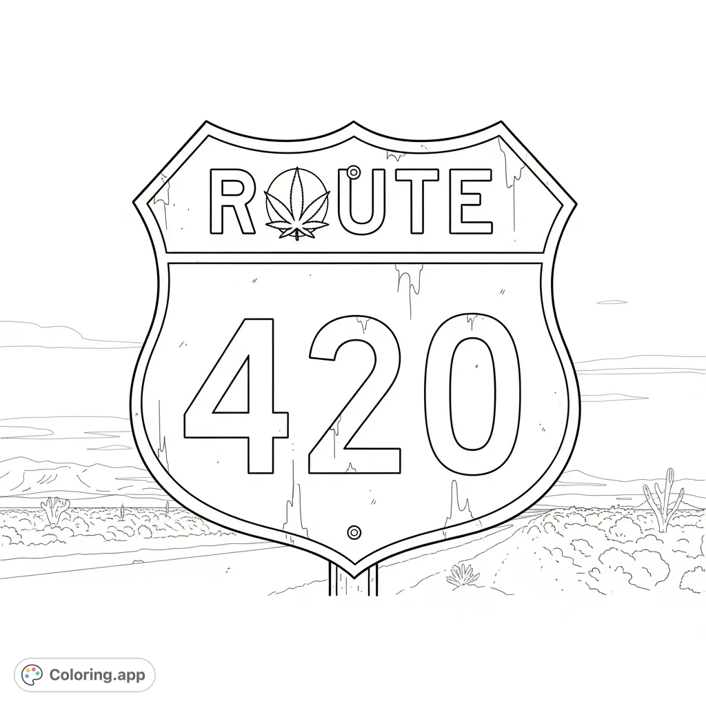 Color a distinctive 'ROUTE 420' Interstate shield with a subtle cannabis leaf detail, weathered and set against a vast desert backdrop under a clear sky.