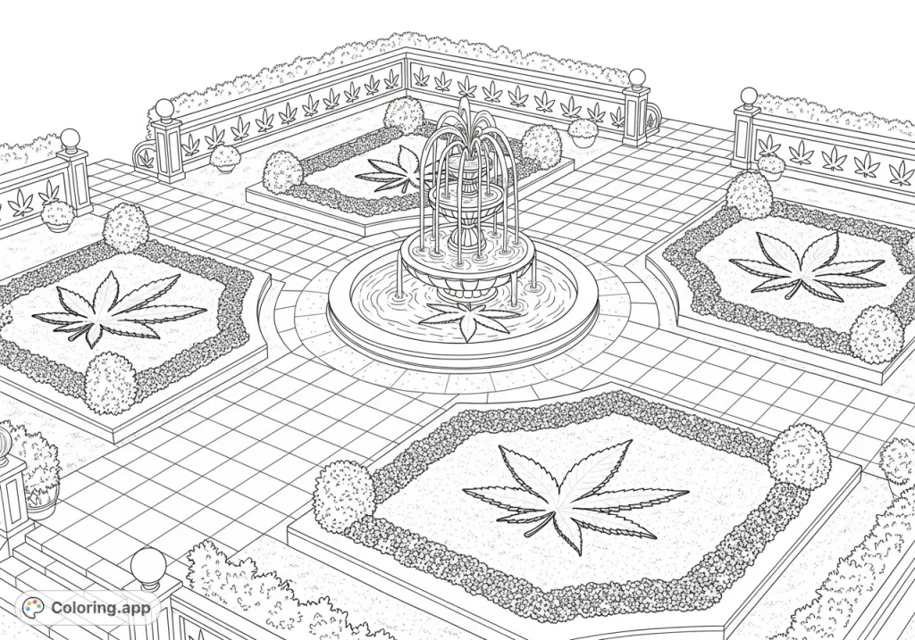 Explore a unique royal garden with an aerial view. Meticulously designed pathways, a tiered cannabis leaf fountain, and stylized plants offer a sophisticated coloring experience.