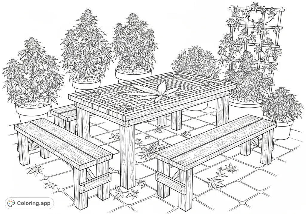 Discover a rustic outdoor patio featuring a weathered wooden picnic table, matching benches, and a striking mosaic cannabis leaf. Lush potted cannabis plants surround the scene.