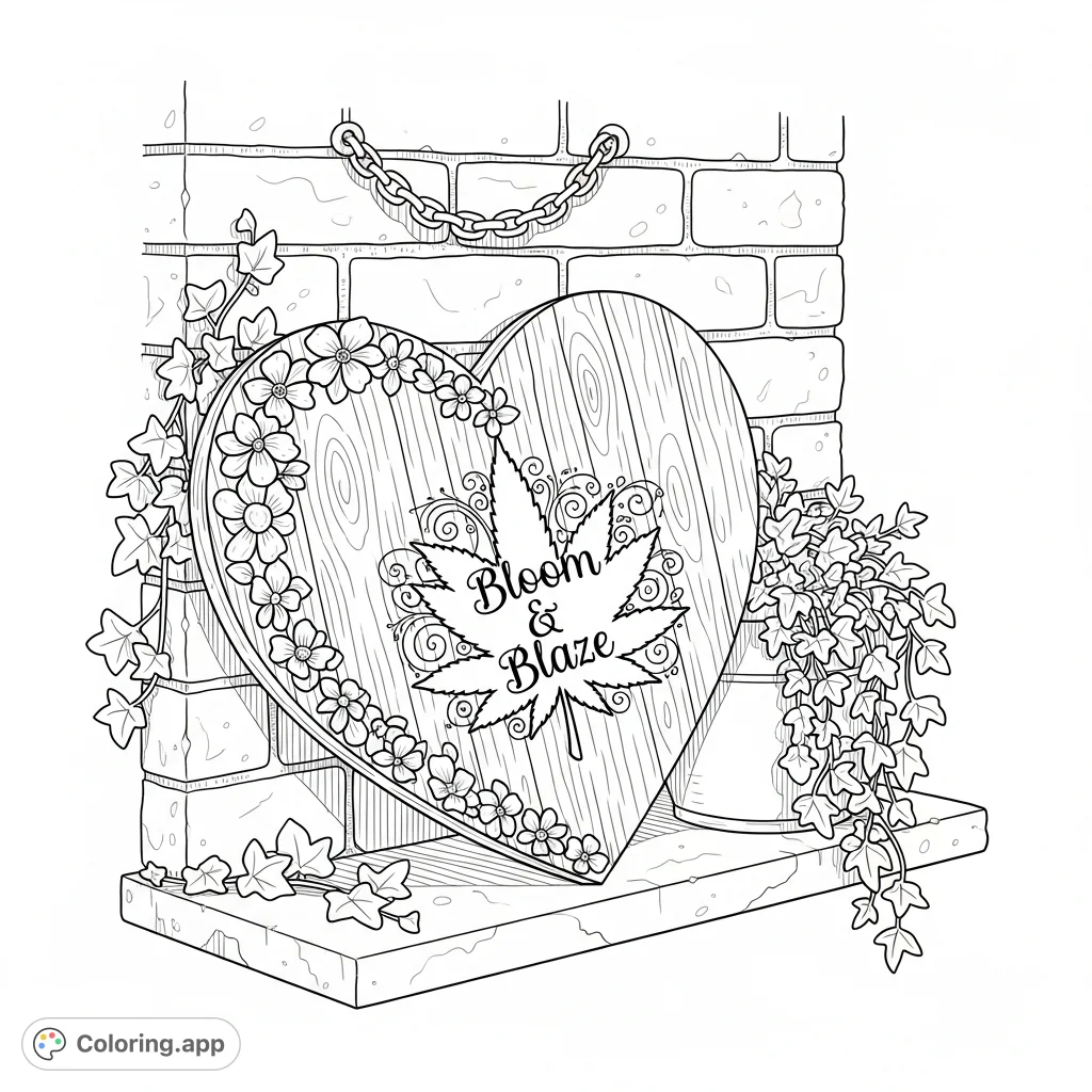 Discover a detailed rustic garden scene featuring a heart-shaped plaque with a stylized leaf and "Bloom & Blaze" text, set against a weathered brick wall.