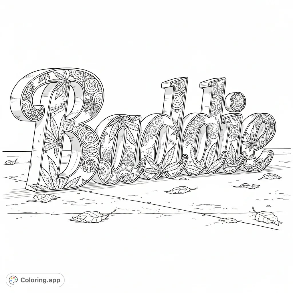Bold, sculptural letters spell "Baddie," adorned with deeply embossed cannabis leaves and intricate lace, resting on a distressed concrete floor with scattered leaves.