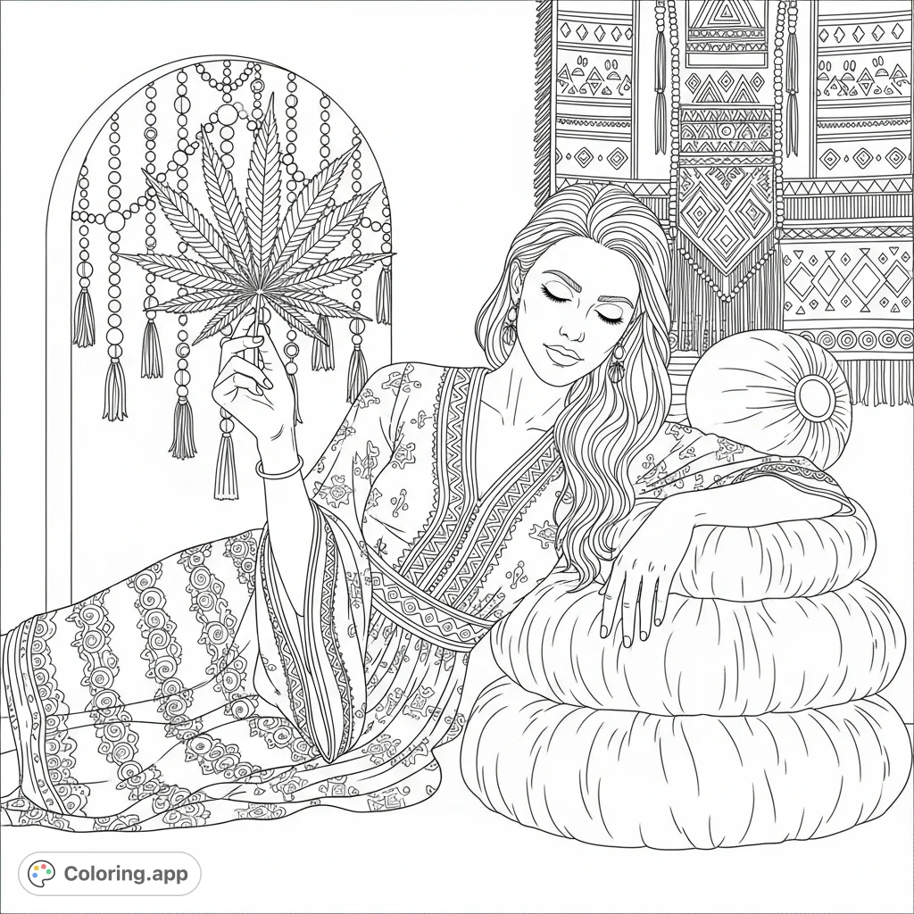 Discover a tranquil bohemian woman with flowing hair, reclining amidst cushions, holding a detailed cannabis flower against a patterned tapestry.