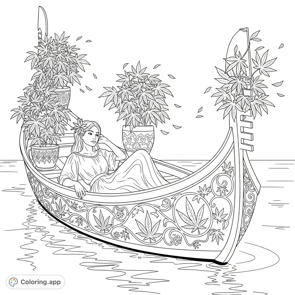 A woman relaxes on an ornate gondola adorned with cannabis leaf patterns, surrounded by calm water and lush plants under a soft twilight glow.