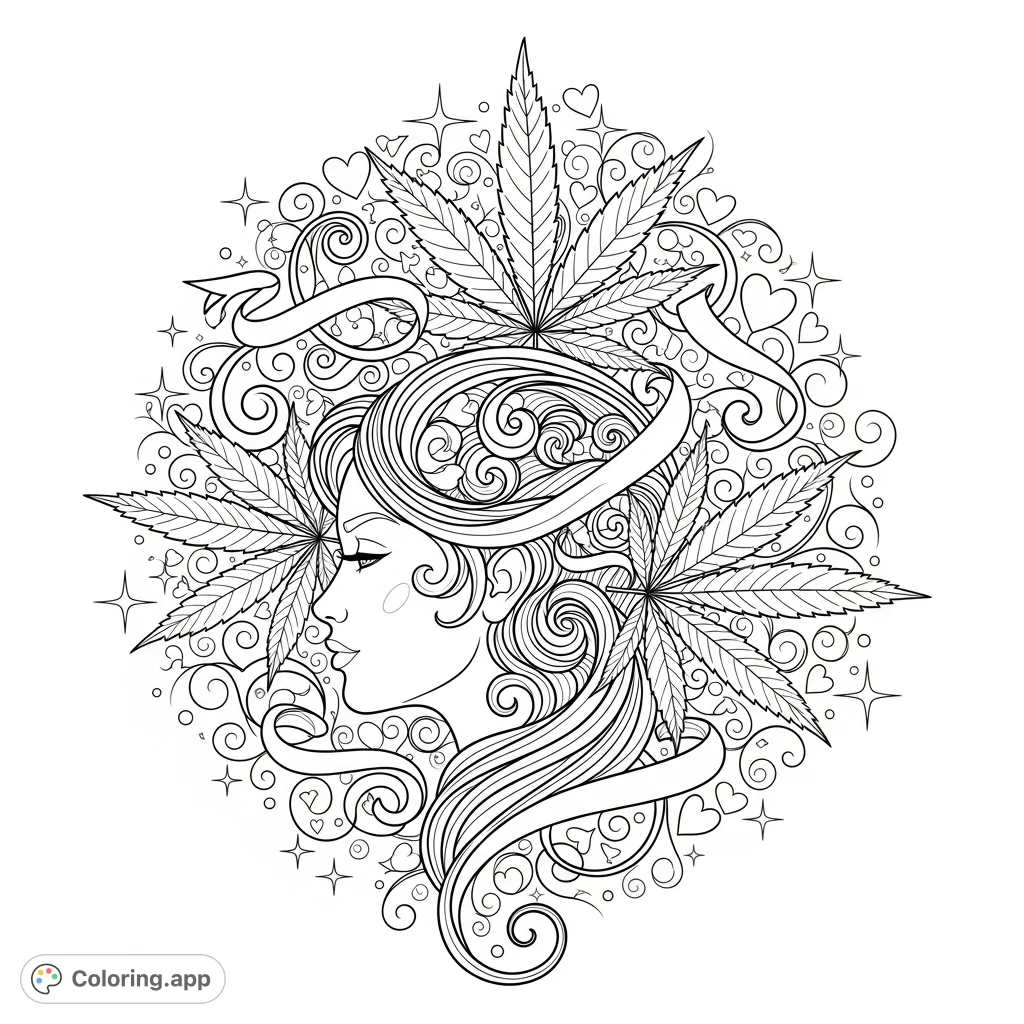 A serene female profile adorned with intricate scrollwork hair, stylized cannabis leaves, ribbons, and vines, creating a unique, ornate botanical portrait with hearts and stars.