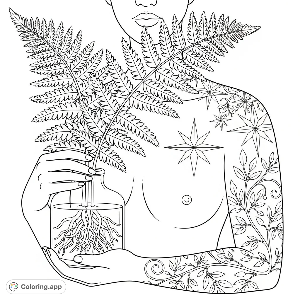 A harmonious figure supports a lush fern with visible roots in a glass container. Features intricate star and botanical patterns, perfect for detailed coloring.