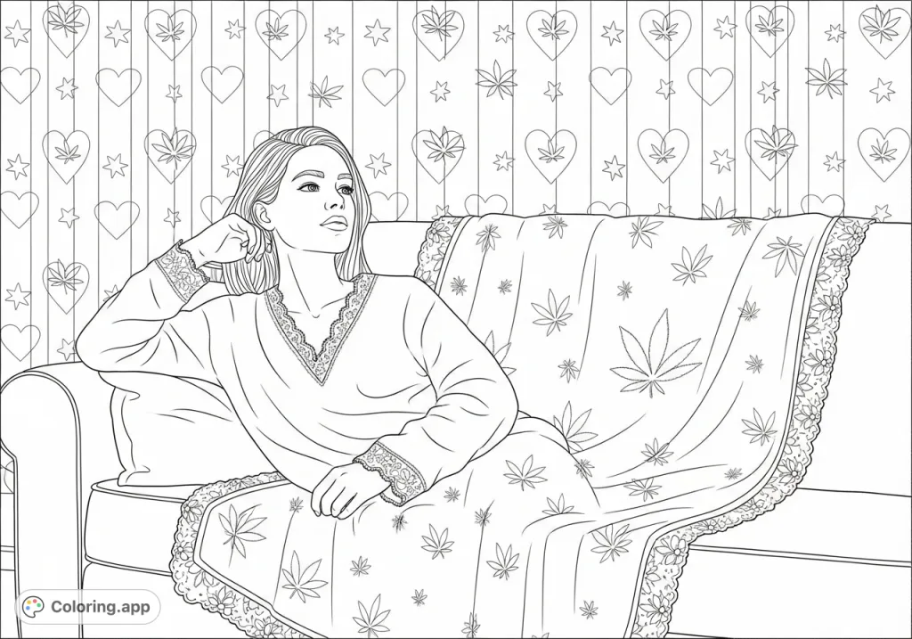 A tranquil coloring page featuring a woman on a plush sofa, surrounded by delicate patterns of hearts, stars, and elegant cannabis leaves. Perfect for unwinding.