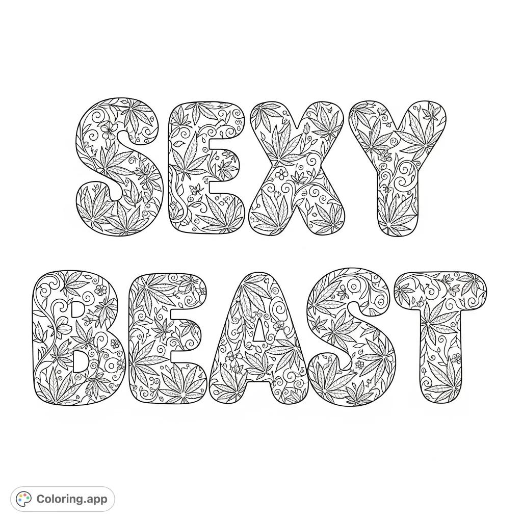 Intricate 'Sexy Beast' bubble letters adorned with dense cannabis leaves, delicate floral patterns, swirling vines, and miniature blossoms.