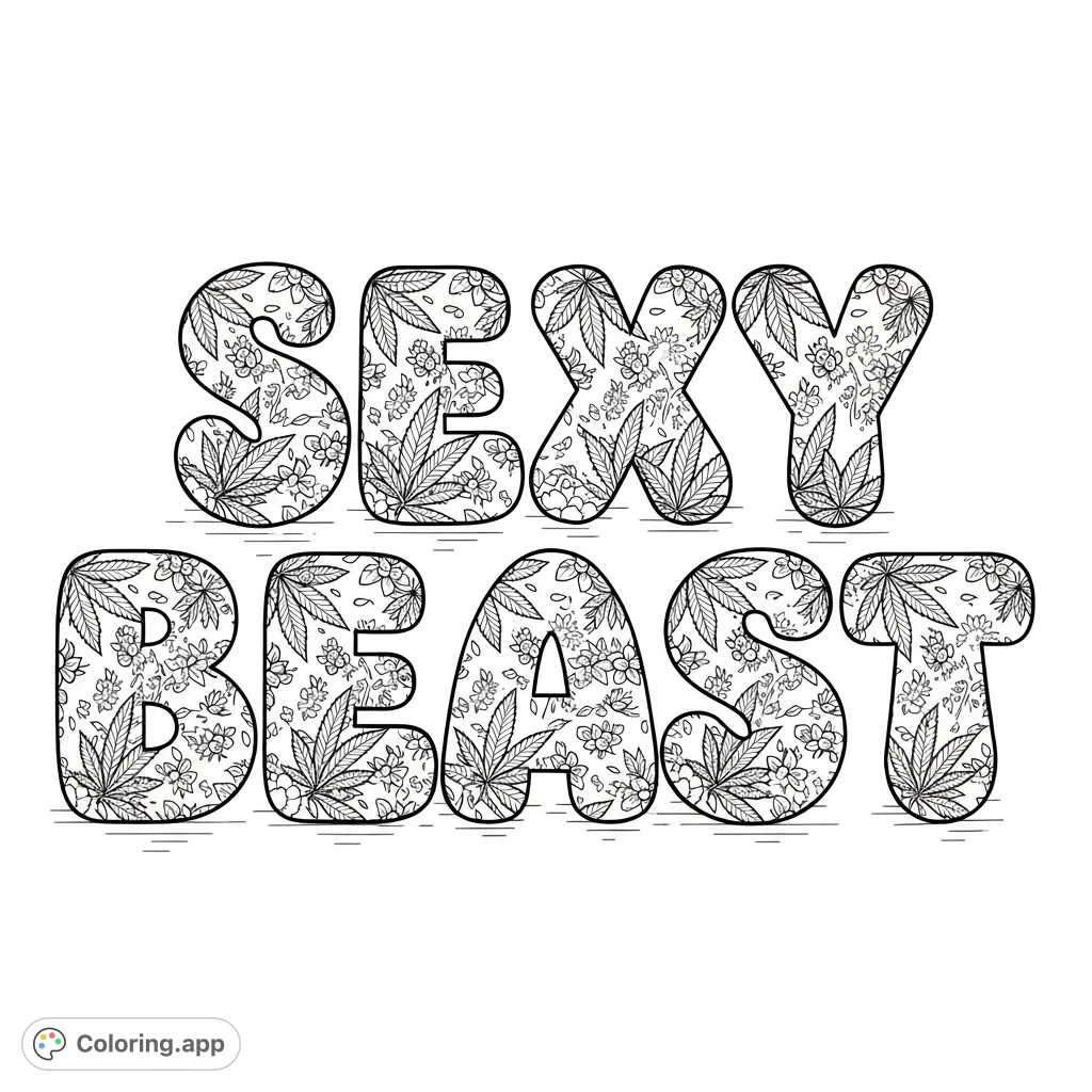 Bold 'Sexy Beast' text in bubble letters, intricately filled with detailed cannabis leaves and delicate floral blooms for adult coloring enthusiasts.