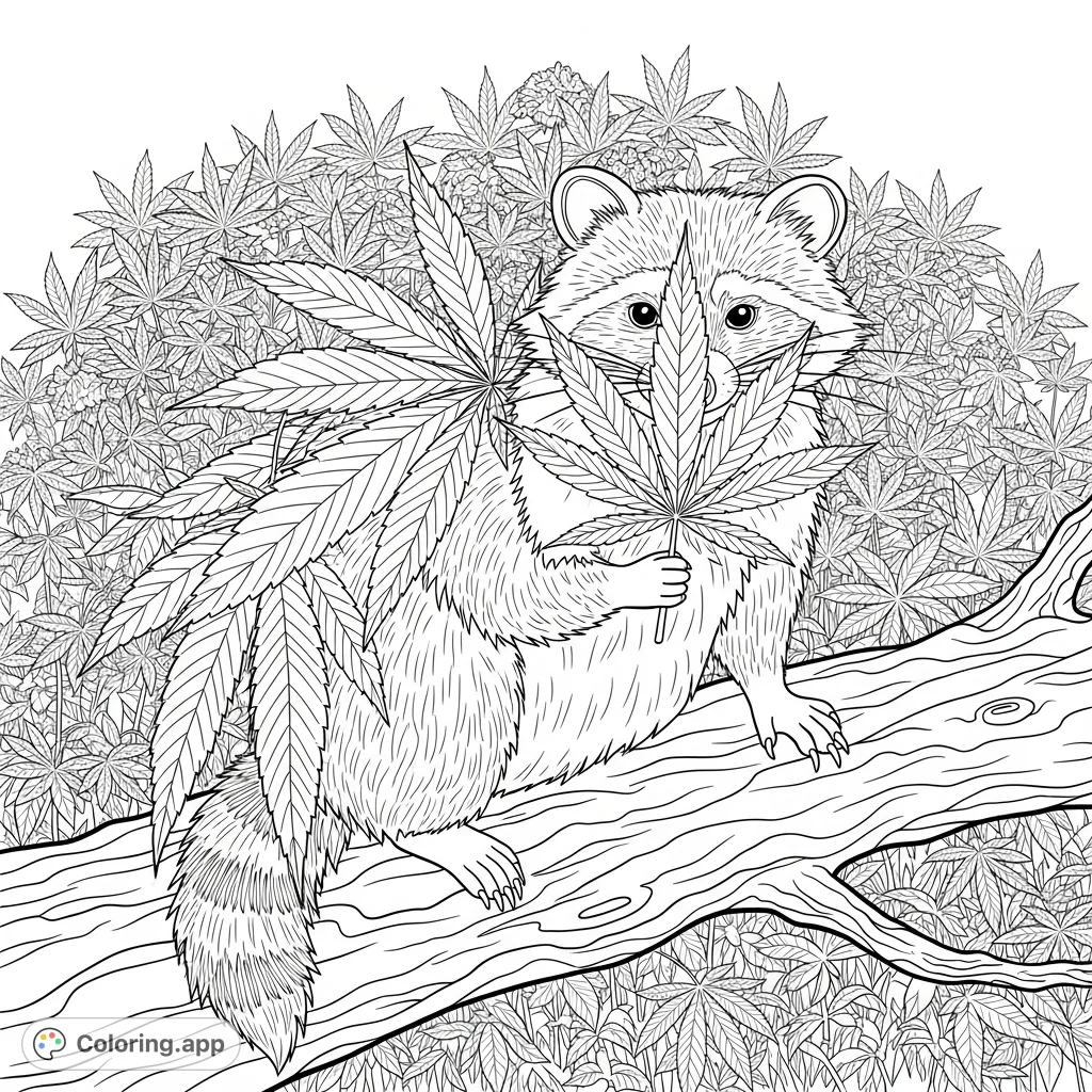 A mischievous racoon peeks from behind distinctive serrated leaves on a gnarled branch, set against a dense forest thicket. A unique nature scene for adults.