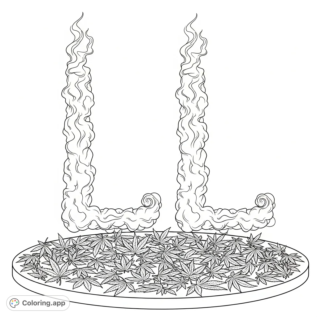 Elegant L letters formed from dense smoke rise above a circular base adorned with intricately detailed marijuana leaves. A unique, textured design.