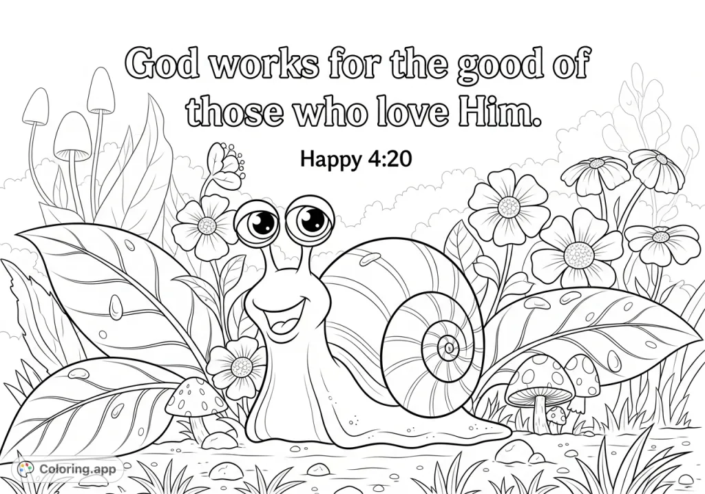 A friendly cartoon snail in a detailed garden, surrounded by leaves, flowers, and mushrooms. Features uplifting scripture and a playful "Happy 4:20" message.