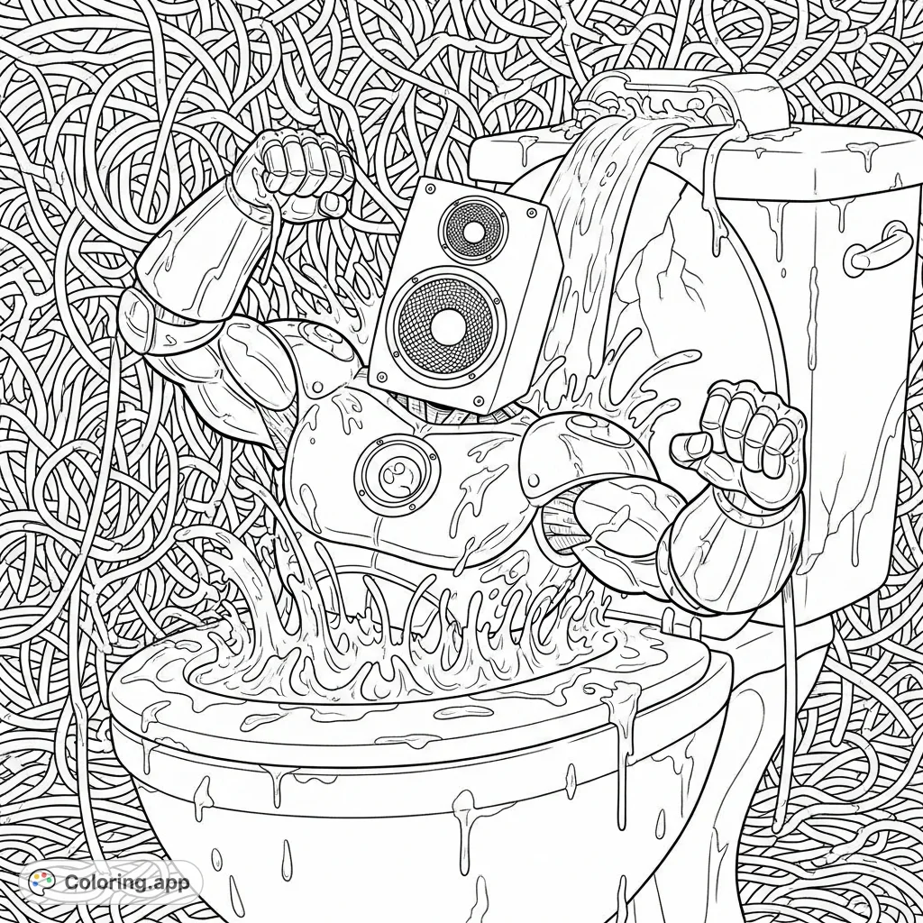 Speaker man explosively emerges from a giant spaghetti toilet, tearing through a wall of tangled noodles, with droplets clinging to his metallic form.