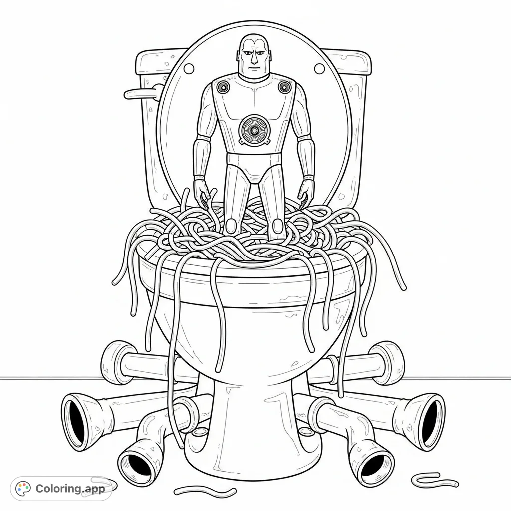 Dive into a quirky scene with Speaker man trapped in a gigantic spigiti toilet amidst a turbulent swirl of pasta. A unique and fun coloring page!