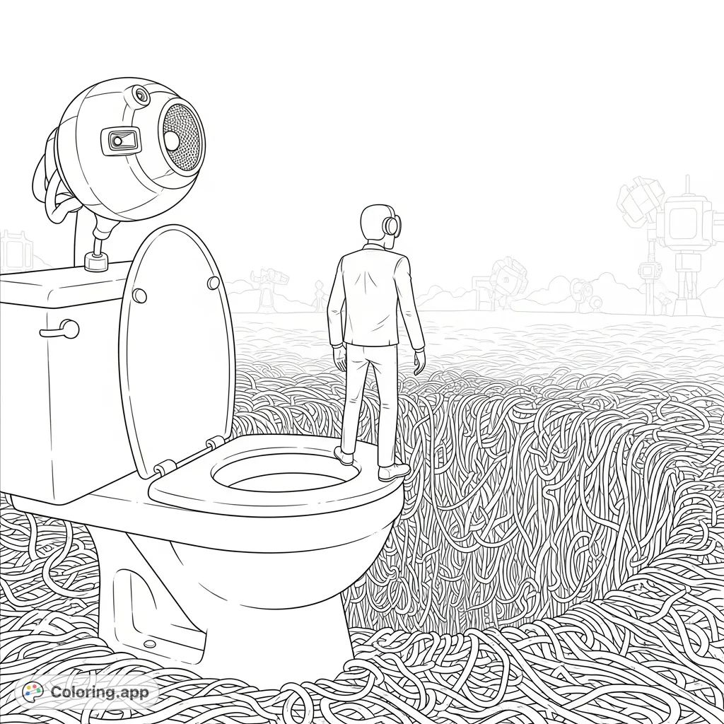 Embark on a quirky coloring adventure with Speaker man perched on a monumental spigiti toilet, gazing at a chaotic spigiti landscape and distant mechanical structures.
