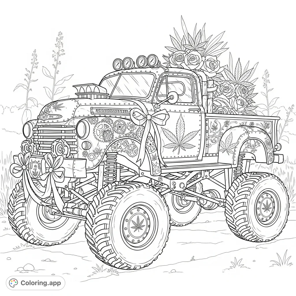 Color a unique lifted steampunk truck adorned with intricate gears, elegant floral designs, and subtle cannabis leaf motifs. A creative adult coloring page.