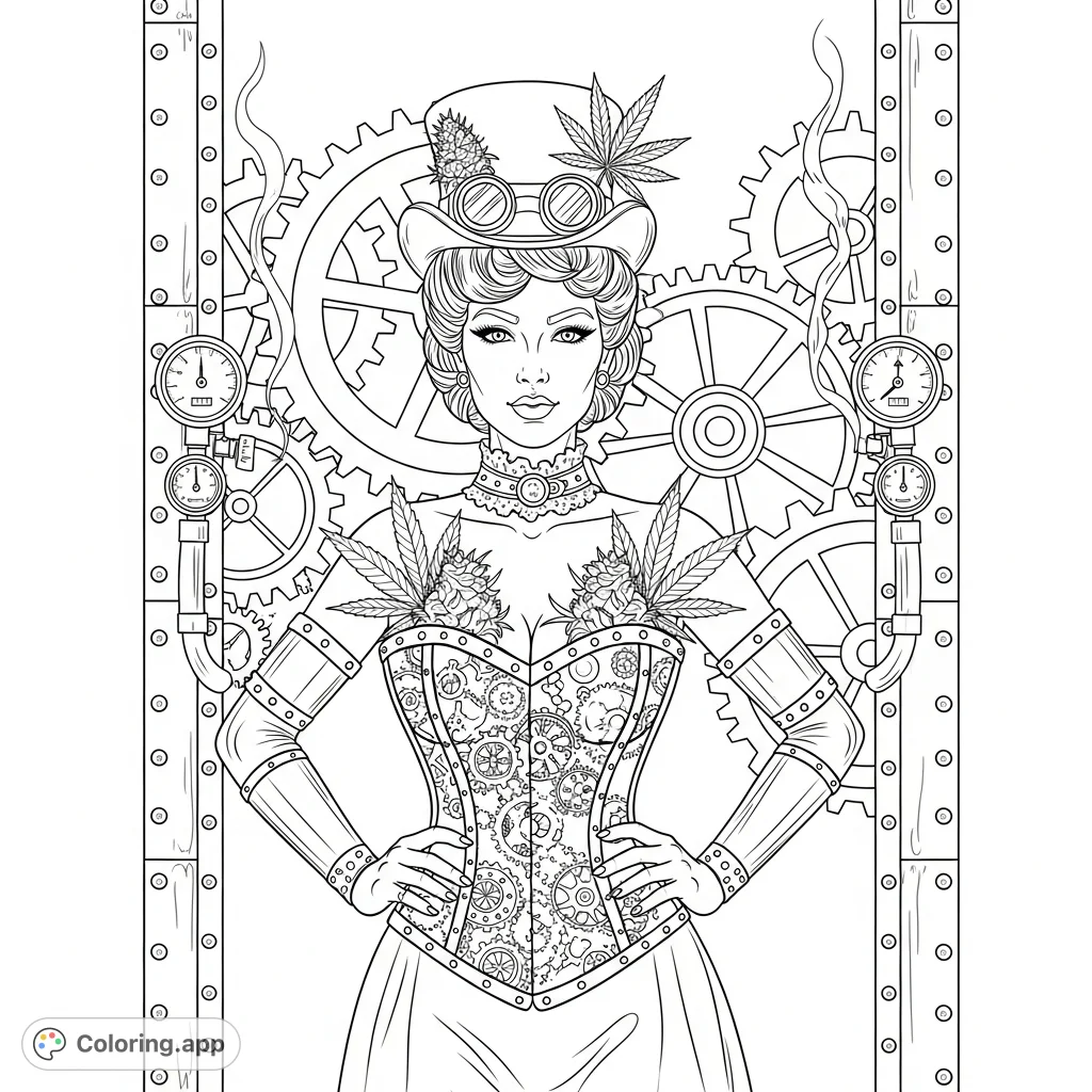 A confident steampunk pinup figure adorned with gears and cannabis elements, set against a backdrop of colossal clockwork machinery. A unique adult coloring page.