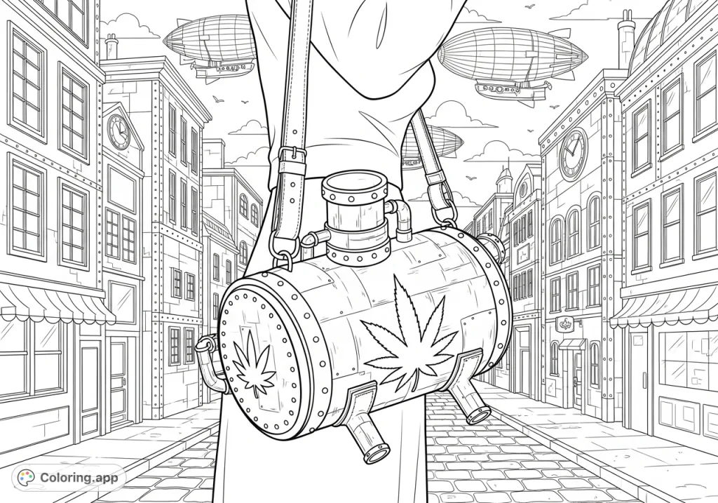 An intricate Steampunk cannabis purse, detailed with boiler elements and a prominent leaf, set against a bustling urban landscape with towering clockwork buildings and airships.