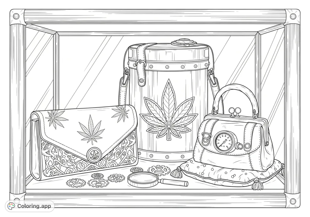 Explore a unique Steampunk cannabis coloring page featuring three detailed purses, intricate gears, and a vintage cabinet. A creative challenge for adults.