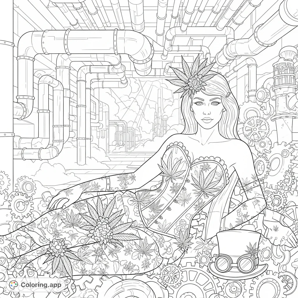 A striking steampunk pinup reclines amidst gears and cannabis details, set in an atmospheric factory with pipes and industrial elements.