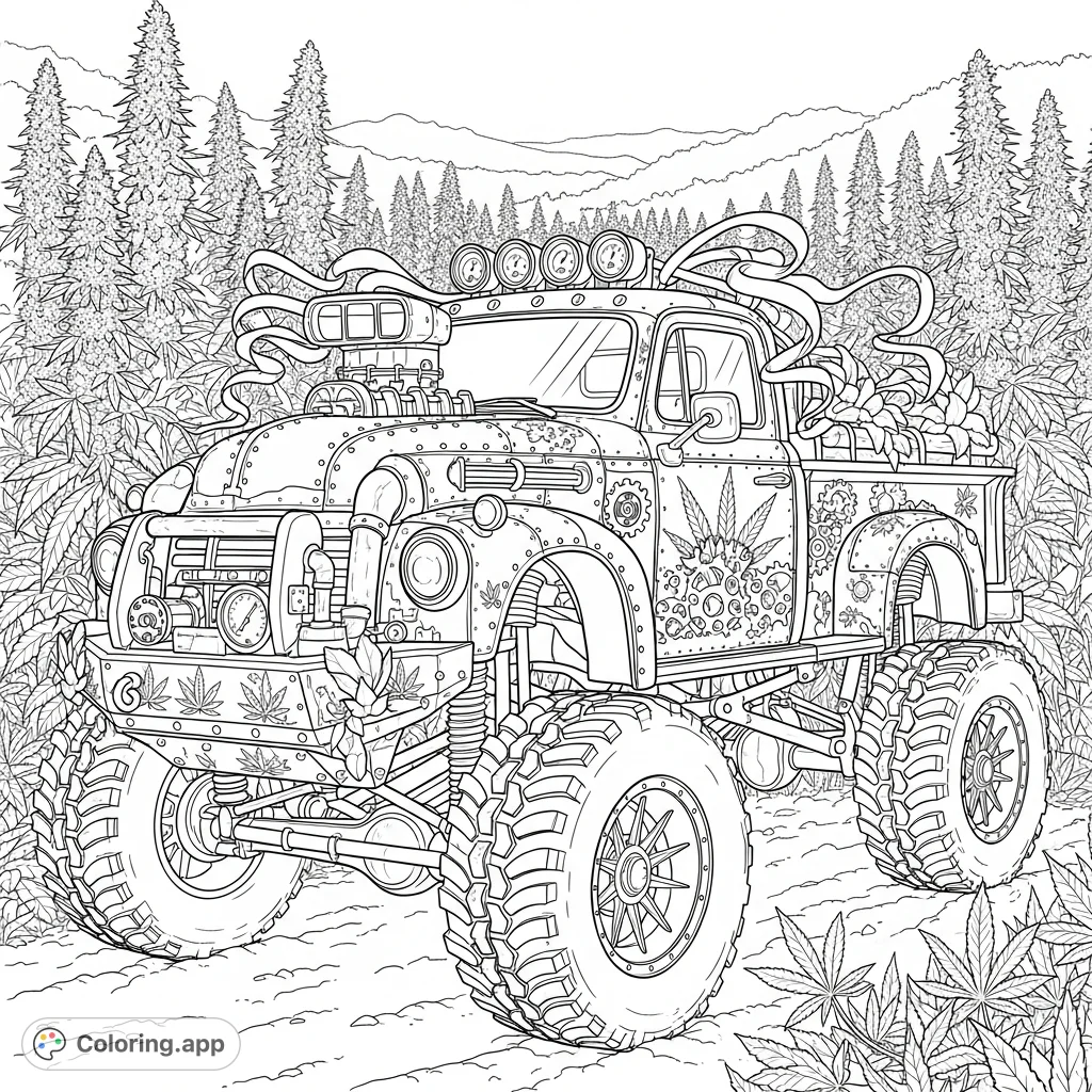 Experience a unique adult coloring page featuring a vintage-style steampunk pickup truck parked in a detailed field of cannabis plants, offering intricate details and creative challenge.