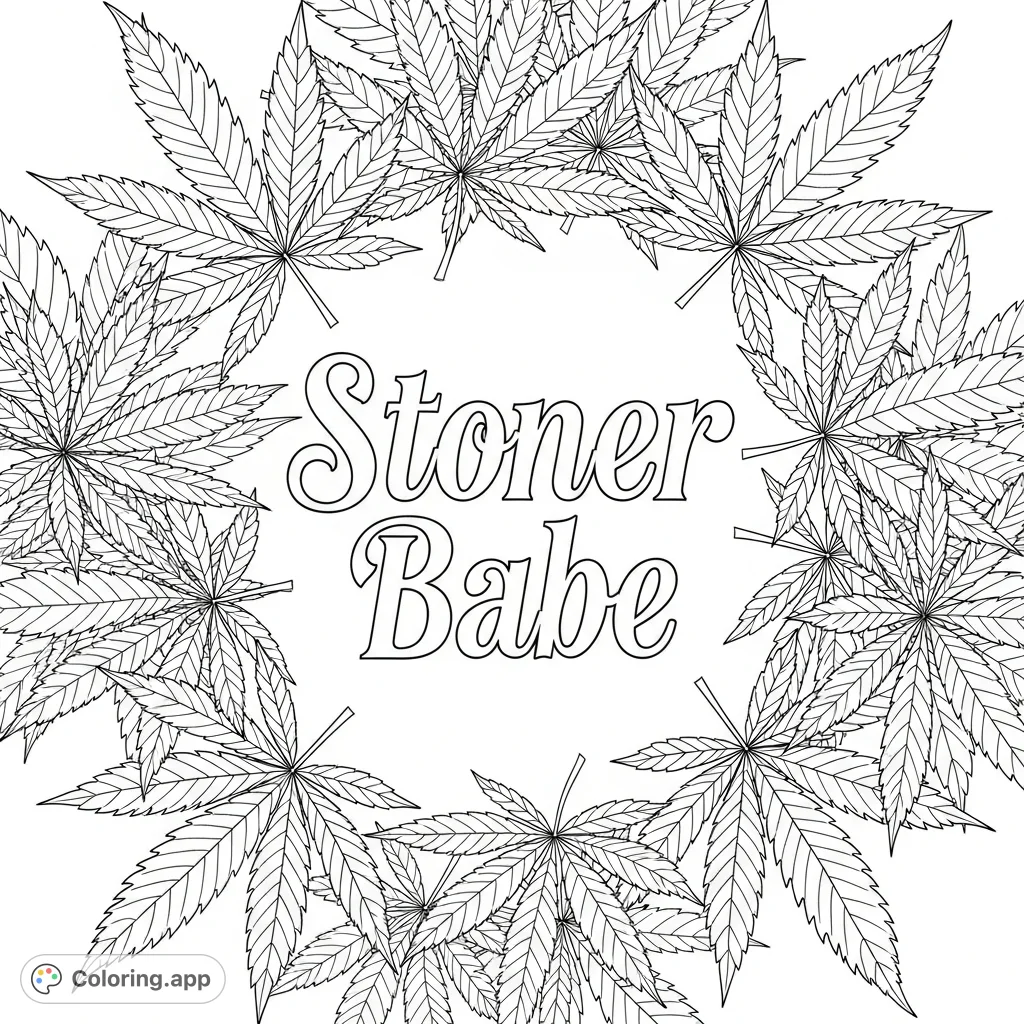 A decorative 'Stoner Babe' inscription framed by an intricate border of cannabis leaves, featuring detailed veins and serrated edges, perfect for creative expression.