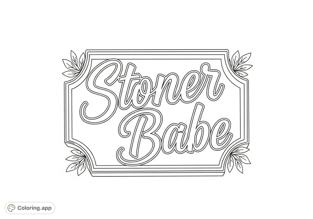 Unleash your creativity with this "Stoner Babe" sign coloring page. Features stylish script and subtle leaf motifs for a fun, personalized adult coloring experience.