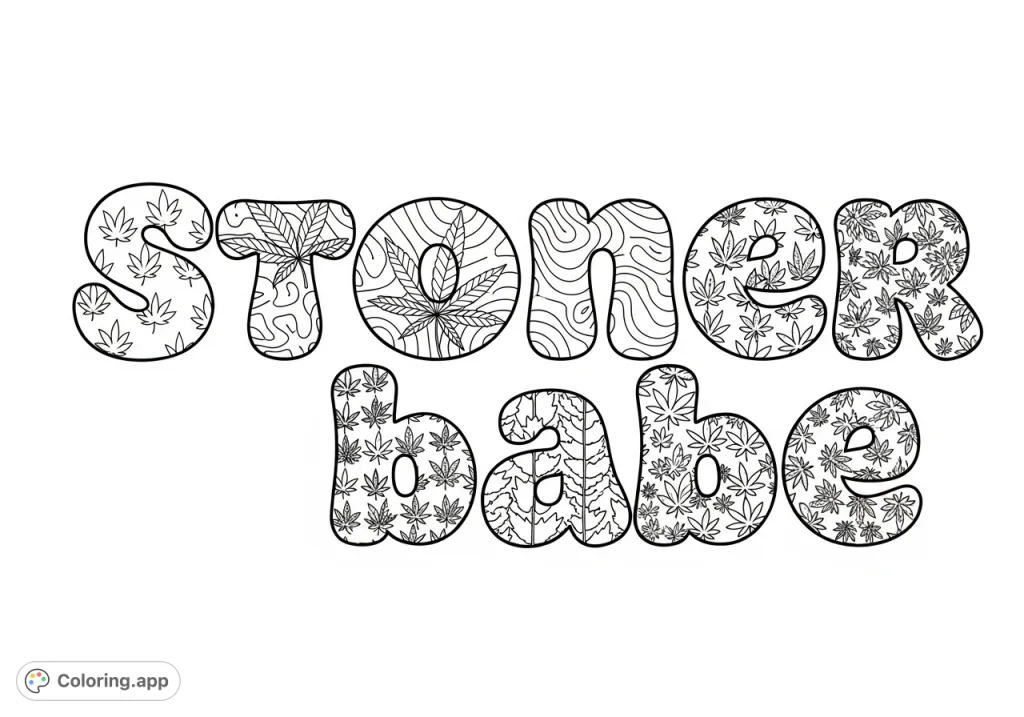 An intricate "Stoner babe" coloring page featuring prominent bubble letters filled with detailed cannabis leaf motifs and swirling patterns for adult colorists.