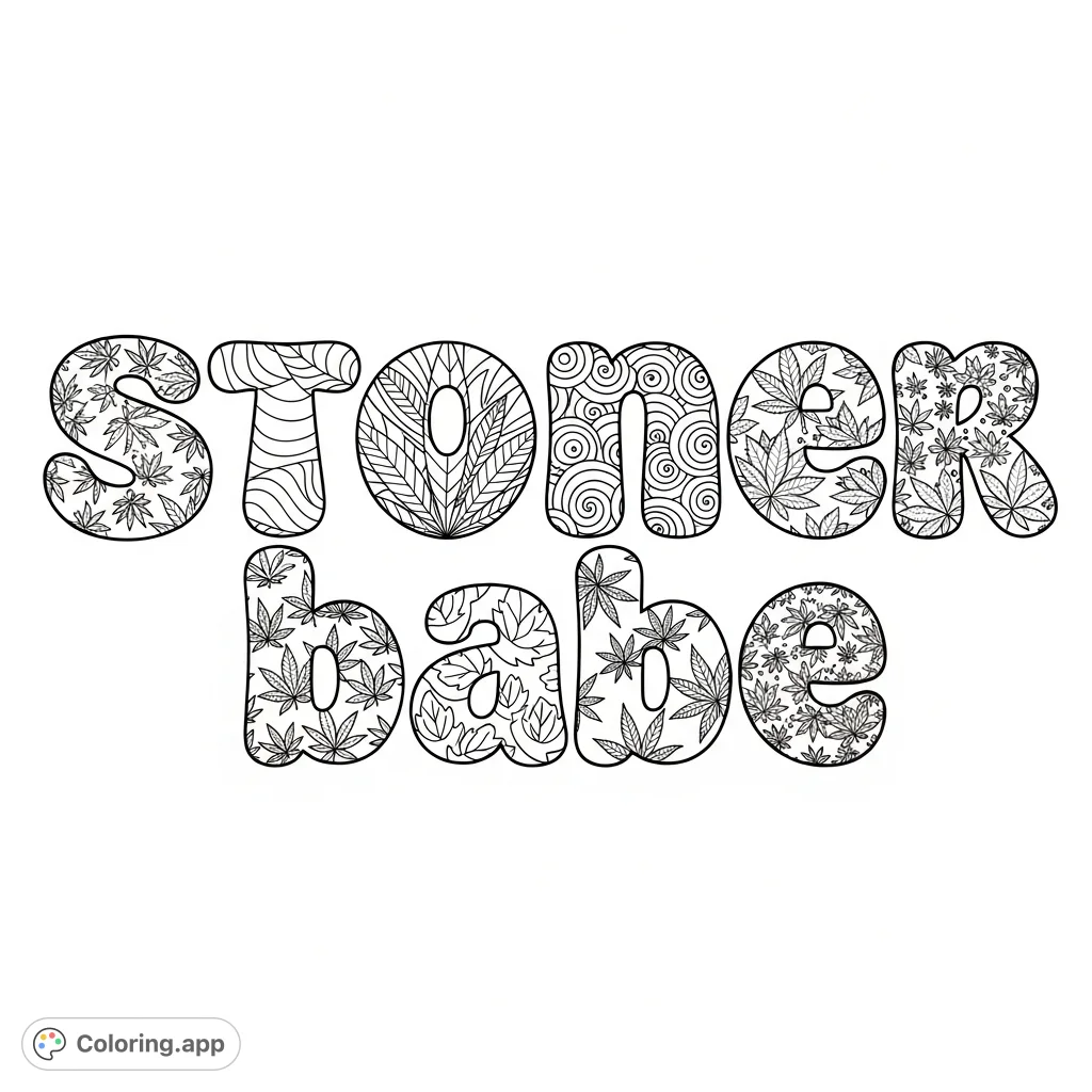 A unique "Stoner babe" coloring page in bold bubble letters, each intricately filled with diverse cannabis leaf patterns, offering a fun and relaxing creative outlet.